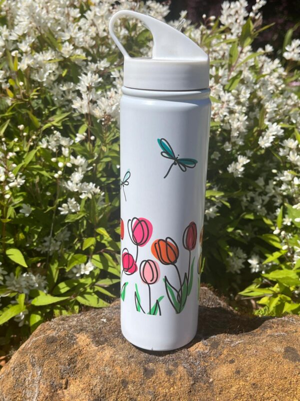 Water bottle decorated with tulips and dragonflies
